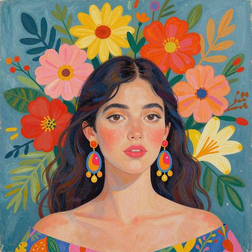 Vibrant digital painting of a Latina woman with long black hair, red lips, and colorful earrings, surrounded by bright flowers.