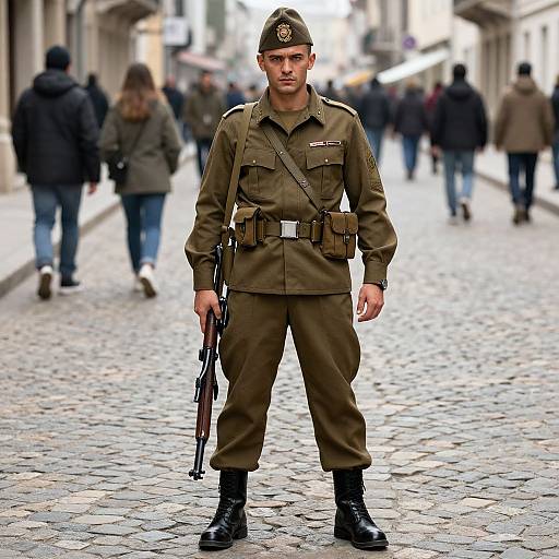 Photograph of a serious male soldier in olive-green uniform and cap, standing on a cobblestone street, holding a rifle, with blurred pedestrians in