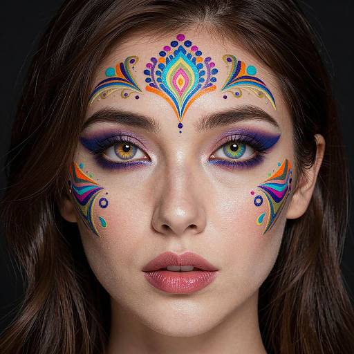 Photograph of a woman with vibrant, multicolored face paint featuring intricate patterns on her forehead, cheeks, and eyes, against a dark background.