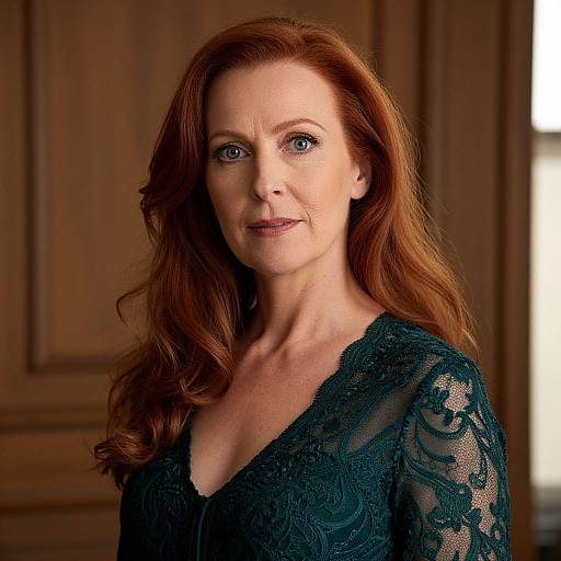 Photograph of a middle-aged woman with long red hair, blue eyes, wearing a black lace top, standing against a wooden paneled background.