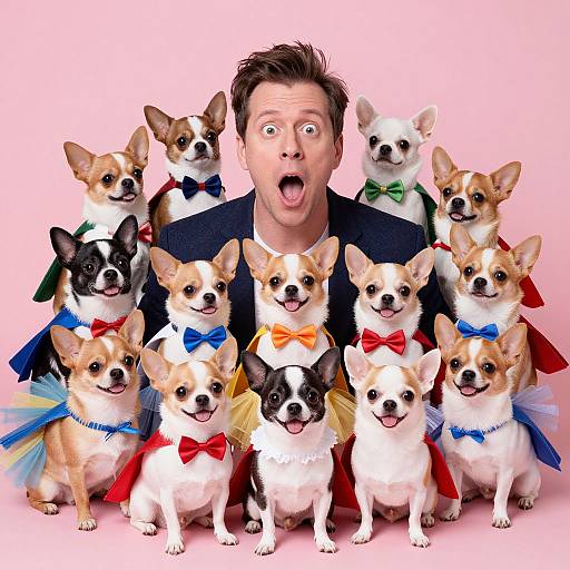 Photograph of a surprised man with a pink background, wearing a dark suit, surrounded by twelve dressed Chihuahuas in colorful bow ties and tut