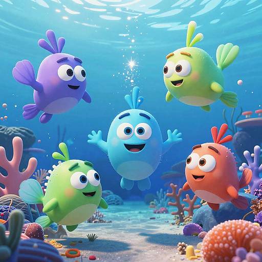 CGI underwater scene featuring four colorful, cartoon fish with expressive faces, swimming joyfully among vibrant coral reefs and marine plants.