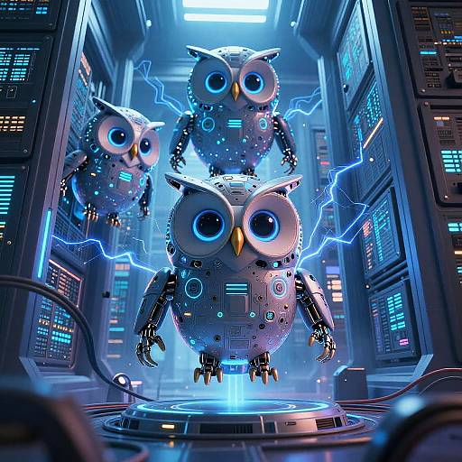Digital CGI of three glowing, robotic owls with large blue eyes and metal bodies, surrounded by blue lightning, in a futuristic, tech-filled server room