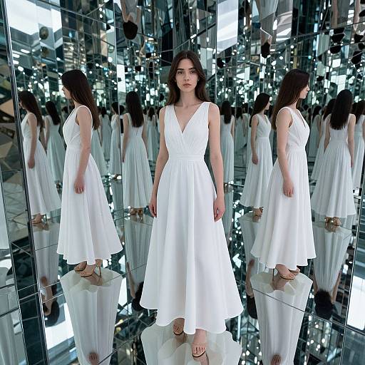 Photograph of a young woman with long brown hair in a white sleeveless V-neck dress, standing in front of a mirrored wall, reflecting multiple images