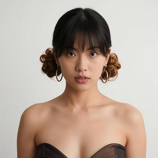 Photograph of an Asian woman with straight black hair in two brown curly buns, wearing hoop earrings and a strapless black top, against a plain