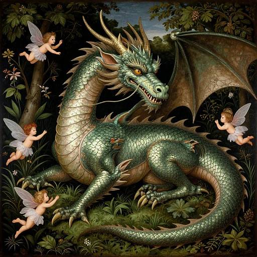 Digital painting of a green, scaly dragon with horns and wings, surrounded by three translucent fairy-like children with wings in a dark, lush forest.