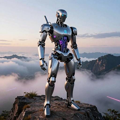 Photorealistic CGI of a silver, glowing humanoid robot standing on a rocky mountain peak with misty clouds and mountains in the background at sunrise.