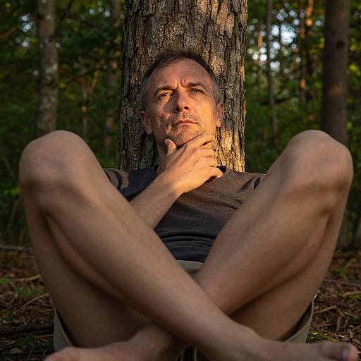 Photograph of a middle-aged man with short brown hair, sitting against a tree in a forest, legs crossed, sunlight highlighting his face, wearing a