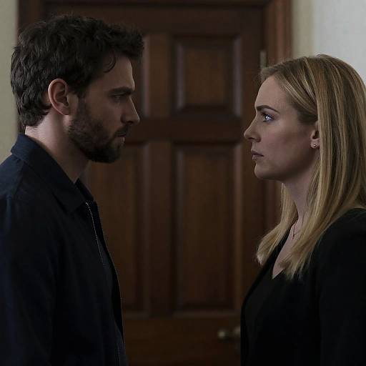 Photograph of a serious, intense moment between a bearded man with dark hair and a blonde woman with straight hair, standing face-to-face against a