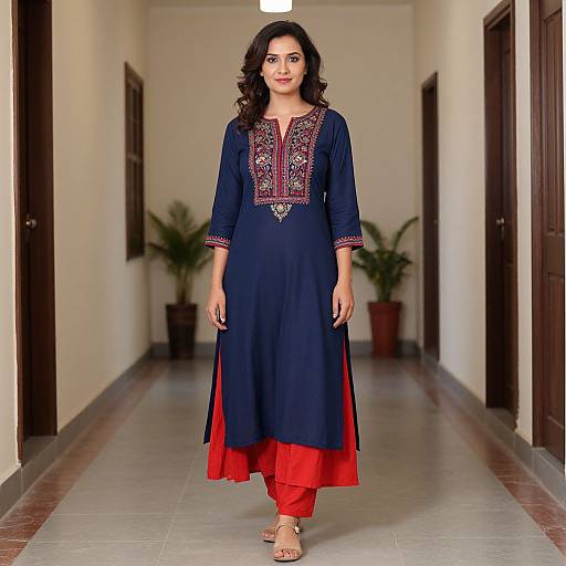 Photograph of a woman with wavy dark hair, wearing a navy blue kurta with red embroidery and red pants, walking down a hallway with p