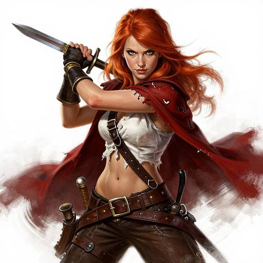 Digital painting of a fierce red-haired woman with long hair, holding a sword, wearing a torn white shirt, red cape, black gloves, and brown