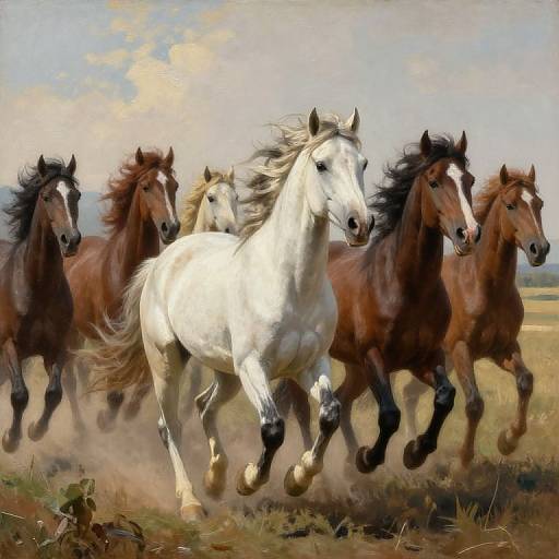 Painting of a white horse galloping with four brown horses, mane and tails flowing, dust rising, against a cloudy sky.