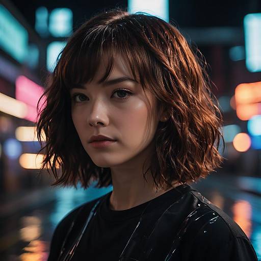 Portrait of Woman with Auburn Waves in Neon-lit Street