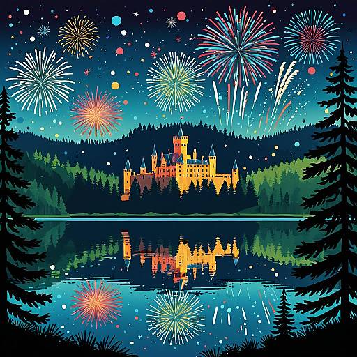 Rutherford Castle Fireworks Over Lake