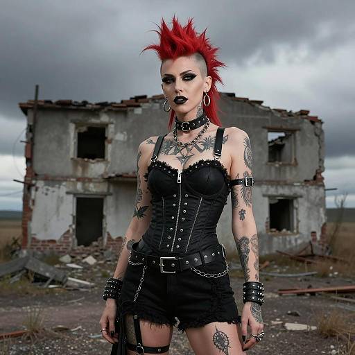 Edgy Punk Woman in Desolate Landscape