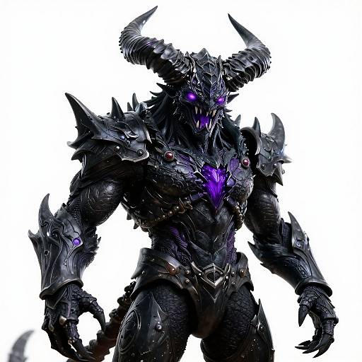Digital artwork of a dark, armored demon with large, curved horns, glowing purple eyes, and intricate, black, spiked armor against a white background.