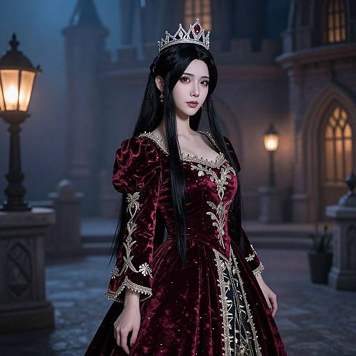 Photograph-style CGI of an Asian woman with long black hair, wearing a red velvet gown with gold trim, a silver crown, standing in a dim
