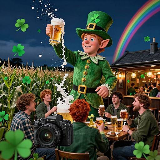 Photograph of a leprechaun in green attire pouring beer at a nighttime outdoor pub, surrounded by laughing patrons, a rainbow, and cornfield