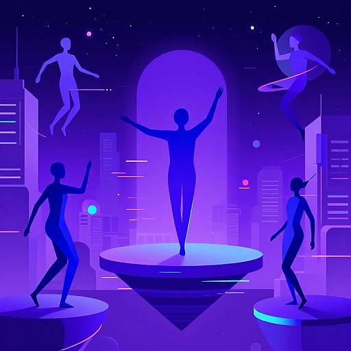 Digital art of six blue-purple silhouetted dancers in futuristic cityscape with glowing neon lights, floating figures, and circular platforms.