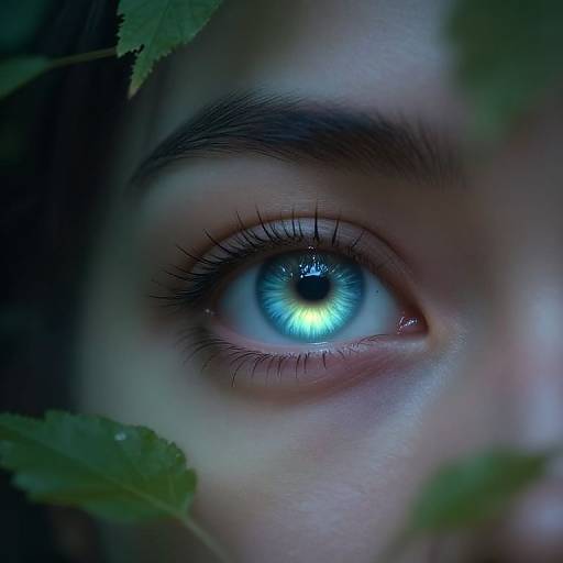 Close-up photograph of a pale-skinned person's striking blue eye, surrounded by green leaves, with intense light reflecting on the iris.