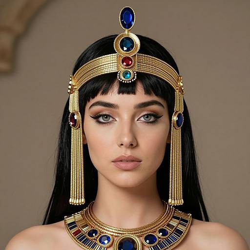 Photorealistic portrait of a woman with black hair, blue eyes, and fair skin, wearing an elaborate gold headpiece and necklace with blue and red