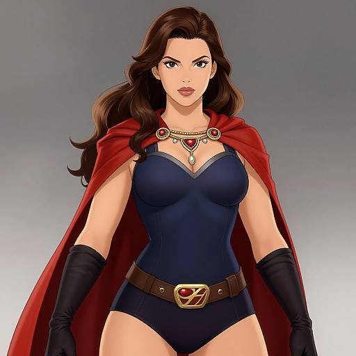 Digital illustration of a confident, brown-haired superhero woman in a blue bodysuit, red cape, black gloves, and gold jewelry against a gradient background