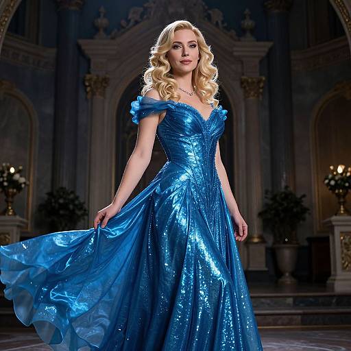 Photograph of a blonde woman with wavy hair, wearing a shimmering blue off-shoulder ball gown, standing in an ornate, dim
