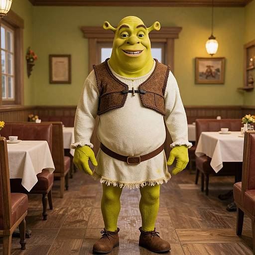 Photograph of a smiling green ogre in medieval attire standing in a cozy, warmly lit restaurant with wooden floors and tables.