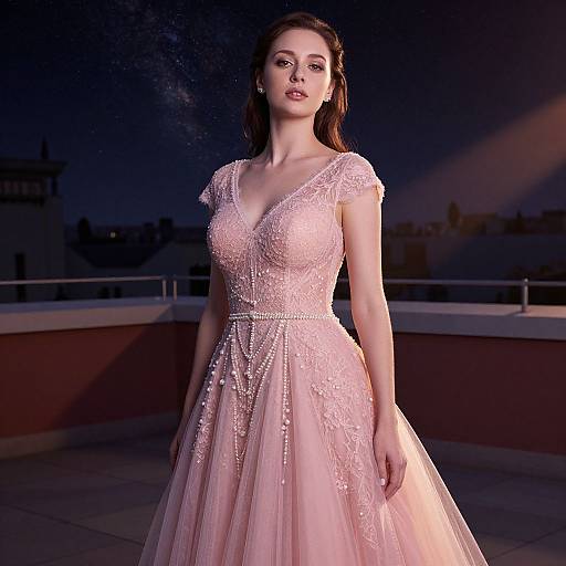 Photograph of a beautiful woman with fair skin, brown hair, wearing a pink, lace-embellished, V-neck ball gown, standing on