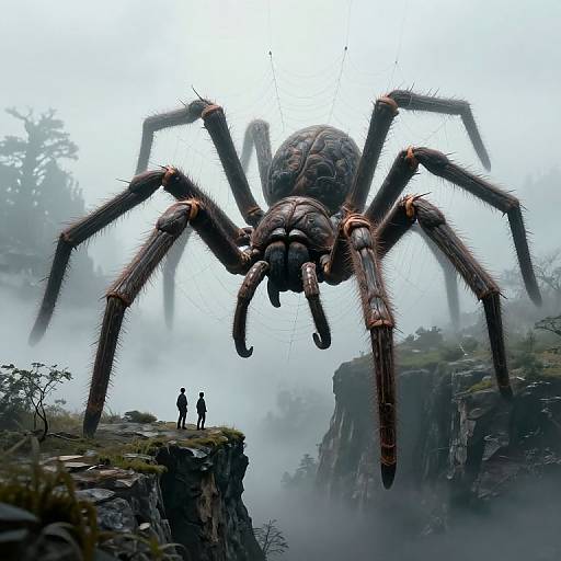 Photorealistic CGI of a colossal, hairy, brown spider with large legs looming over two tiny, silhouetted figures on a misty cliff