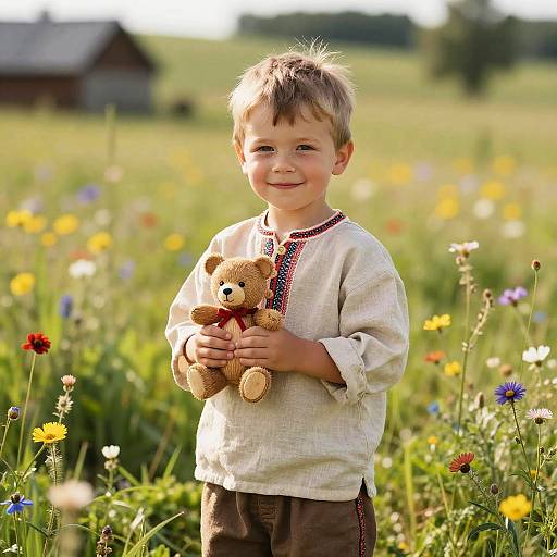 Photograph of a smiling young boy with short blonde hair, wearing a white embroidered shirt and brown pants, holding a teddy bear, standing in a