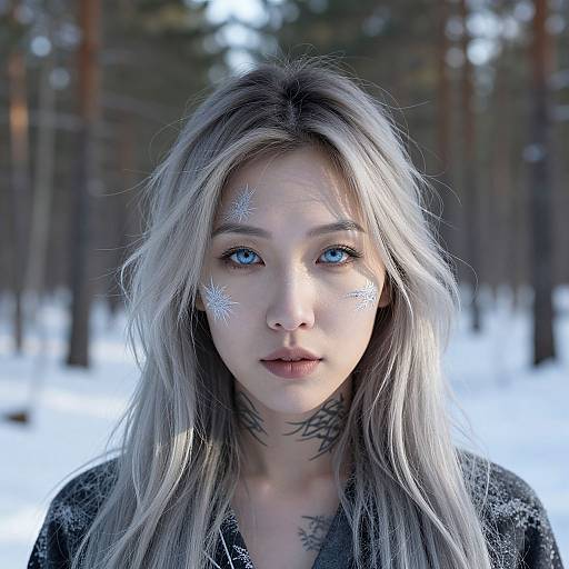Photograph of a young woman with silver hair, blue eyes, white snowflake face markings, black sweater, and forest background. Snow-covered trees in