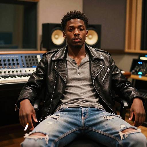 Young Man in Leather Jacket in Music Studio