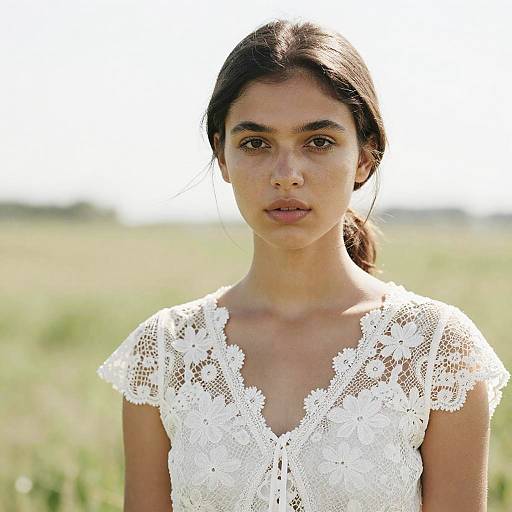 Photograph of a young woman with long dark hair, wearing a white lace dress, standing in a sunlit grassy field, with a neutral expression