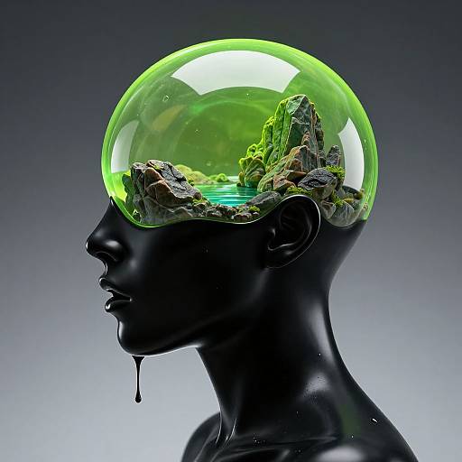Digital artwork of a black silhouetted head with a glowing green, transparent bubble inside, filled with rocky terrain. Background is gradient grey to blue
