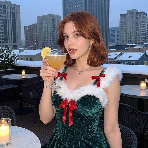 Photograph of a red-haired woman in a green velvet dress with white fur trim and red bows, sipping a cocktail on a snow-covered rooftop terrace