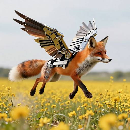 Photograph of a fox with mechanical wings, mid-flight over a yellow wildflower field, blending natural and steampunk elements.