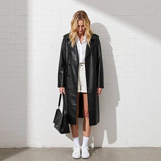 Woman in Black Leather Coat Against White Brick Wall