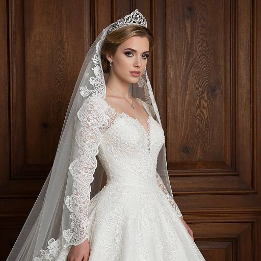 Photograph of a beautiful blonde woman in a white lace wedding dress with long veil, standing against dark wooden panels.