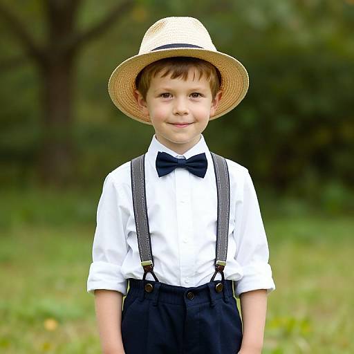 Photograph of a young boy with light brown hair, wearing a white shirt, black bow tie, suspenders, and straw hat, smiling outdoors against
