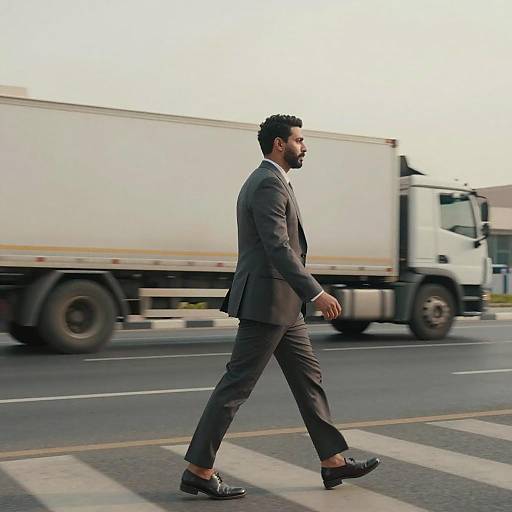 Photograph of a bearded man in a gray suit walking on a crosswalk, with a white truck and trailer in the blurred background.