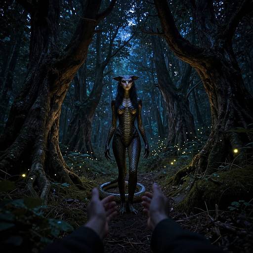 Photorealistic CGI of a mysterious, glowing-eyed, snake-like creature with dark scales standing in a dark, enchanted forest, illuminated by fireflies,