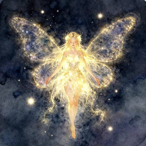 Digital art of a glowing, ethereal fairy with radiant wings, surrounded by sparkling stars and cosmic clouds, floating in a dark, starry night sky