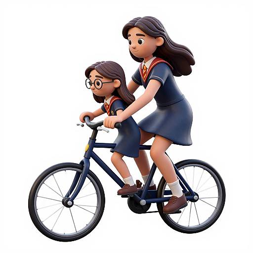 Digital illustration of two Asian girls in navy school uniforms, one with glasses riding a black bicycle, the other piggybacking behind. White background,