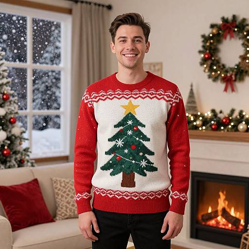 Smiling man in red Christmas sweater with tree design, standing in cozy living room with fireplace, decorated tree, and window.