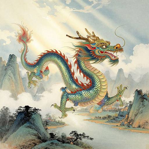 Digital illustration of a vibrant, multi-colored dragon with red fins and golden horns soaring over a mountainous landscape with sunlight streaming through clouds.