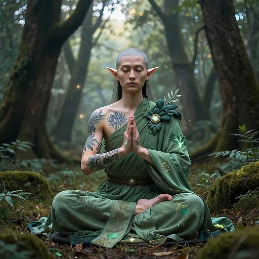 Digital art of an elven woman with pointed ears, green dress, and floral tattoos, meditating in a mystical forest, hands in prayer pose.