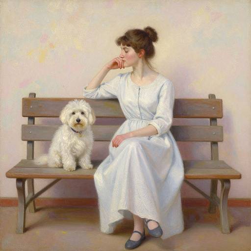 Photograph-style painting of a brunette woman in a white dress, sitting on a wooden bench, hand to chin, next to a white fluffy dog.