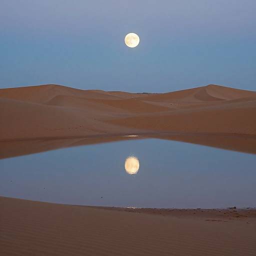Photograph of a serene desert landscape at twilight, featuring a full moon reflected in a calm, shallow oasis, with rolling sand dunes in the background