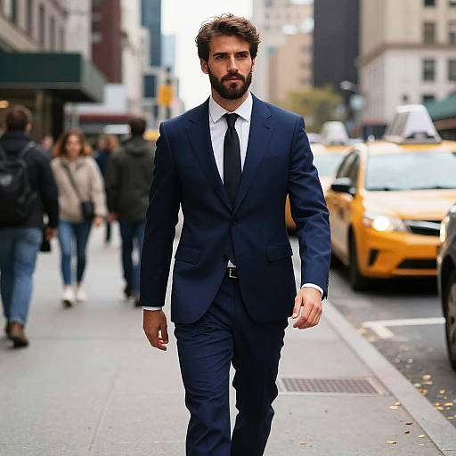 Photograph of a bearded man with dark hair, wearing a navy suit, white shirt, and black tie, walking on a busy city street with